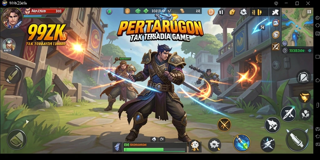 Screenshot menunjukkan karakter bertarung dalam arena epik.
