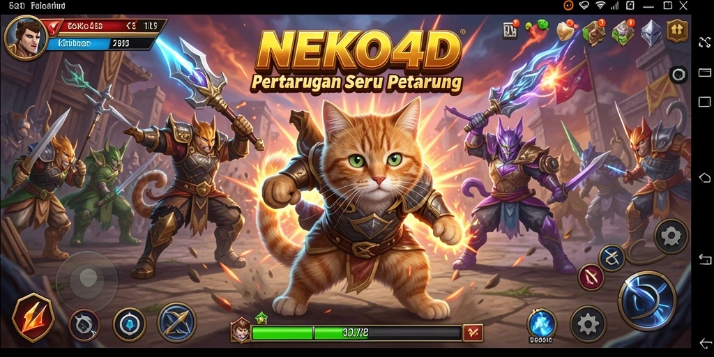 Screenshot utama NEKO4D menampilkan aksi pertarungan seru kucing petarung.
