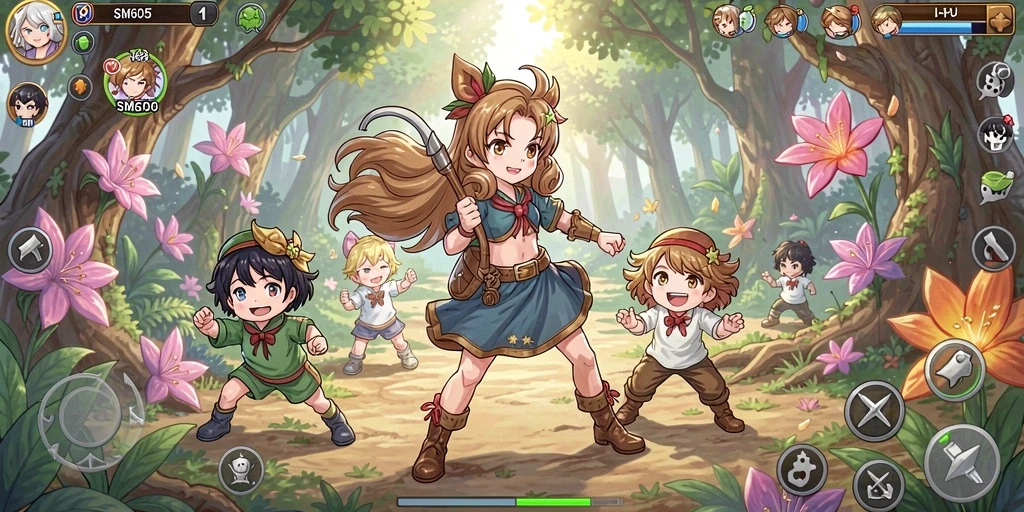 Tangkapan layar gameplay SM605 yang menampilkan aksi epik karakter anime.