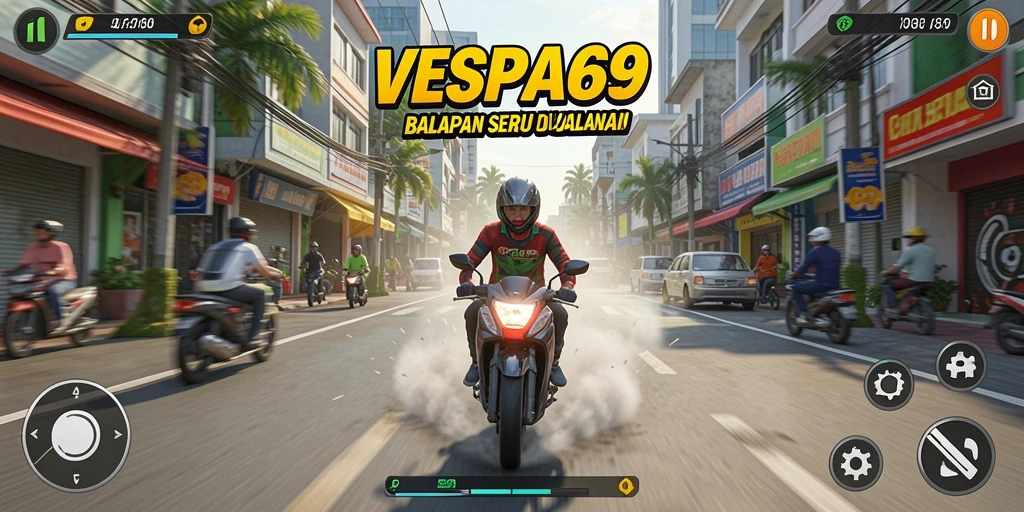 Gameplay VESPA69 menampilkan balapan seru di jalanan dengan grafis yang indah.